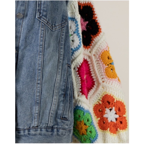 Boho Granny Square Colorful Crochet Denim Button Jacket - Picture 2 of 2